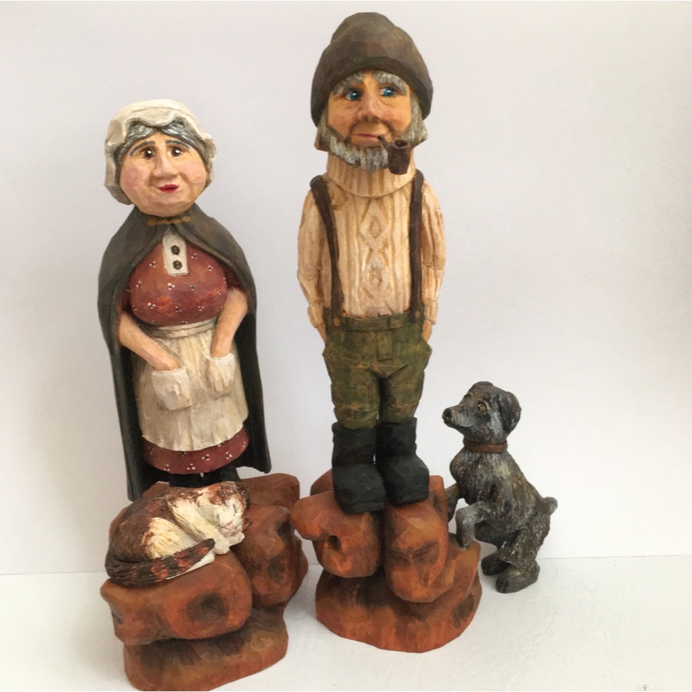 Hand Carved Wooden Fisherman and Wife Set